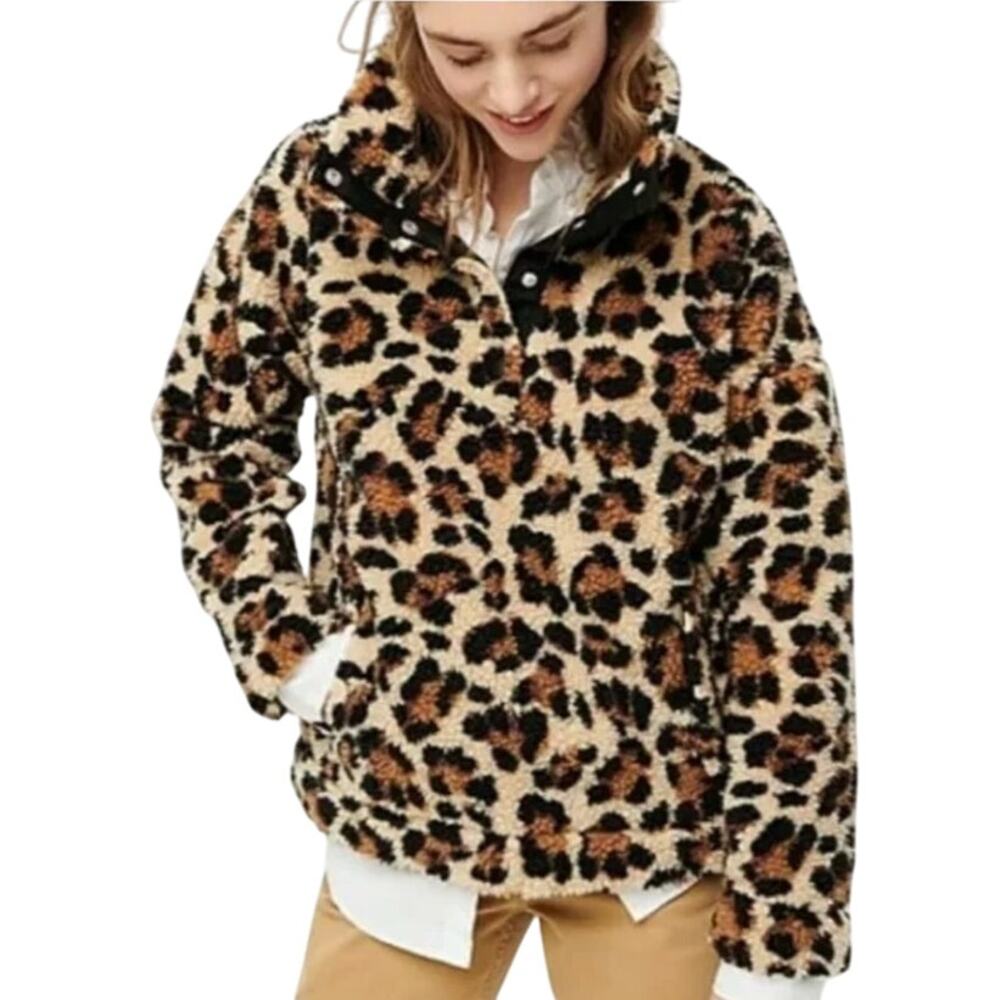 J.Crew Vintage Sherpa Leopard Snap Collar Fleece Pullover Sz Small EUC Ski Snow